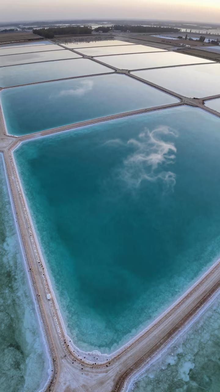 Turquoise Salt Ponds and White Sand Aerial View in high over salt ponds and causeways near Erbil