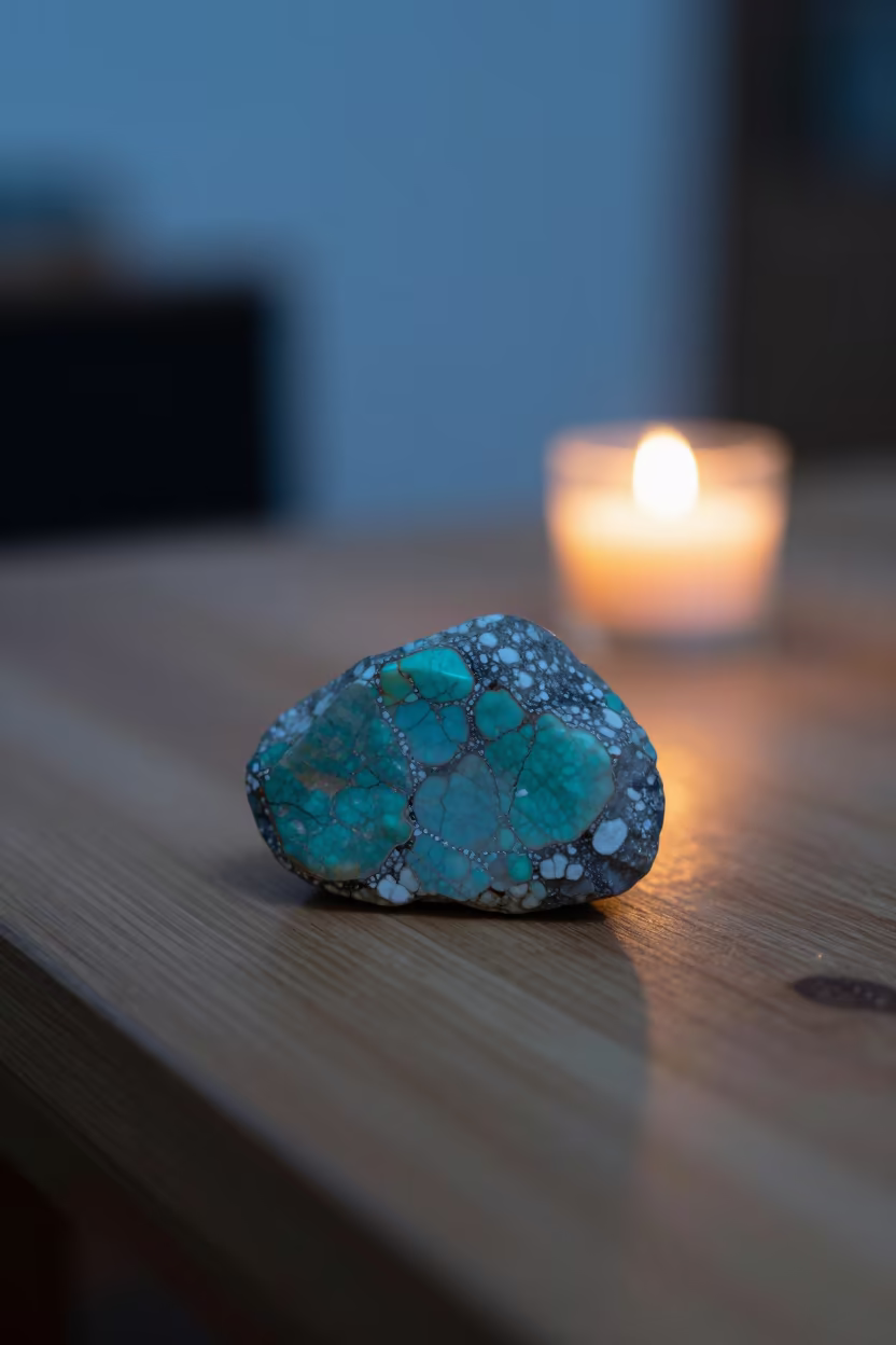 Turquoise Stone in Candlelight on Alicante Workbench in on a wooden workbench near Alicante