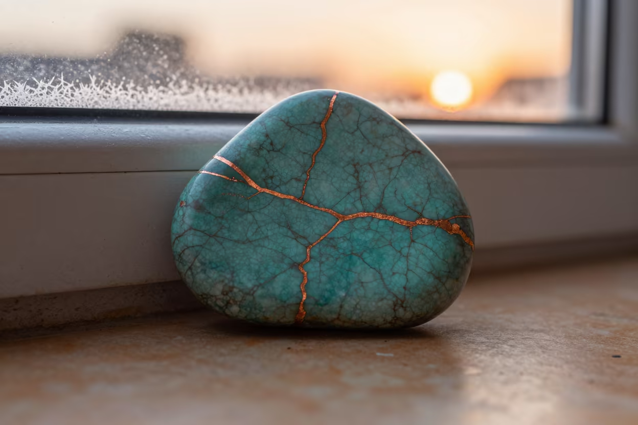 Turquoise Stone Copper Veins Frost Window in along a frost-edged windowpane in Ouagadougou