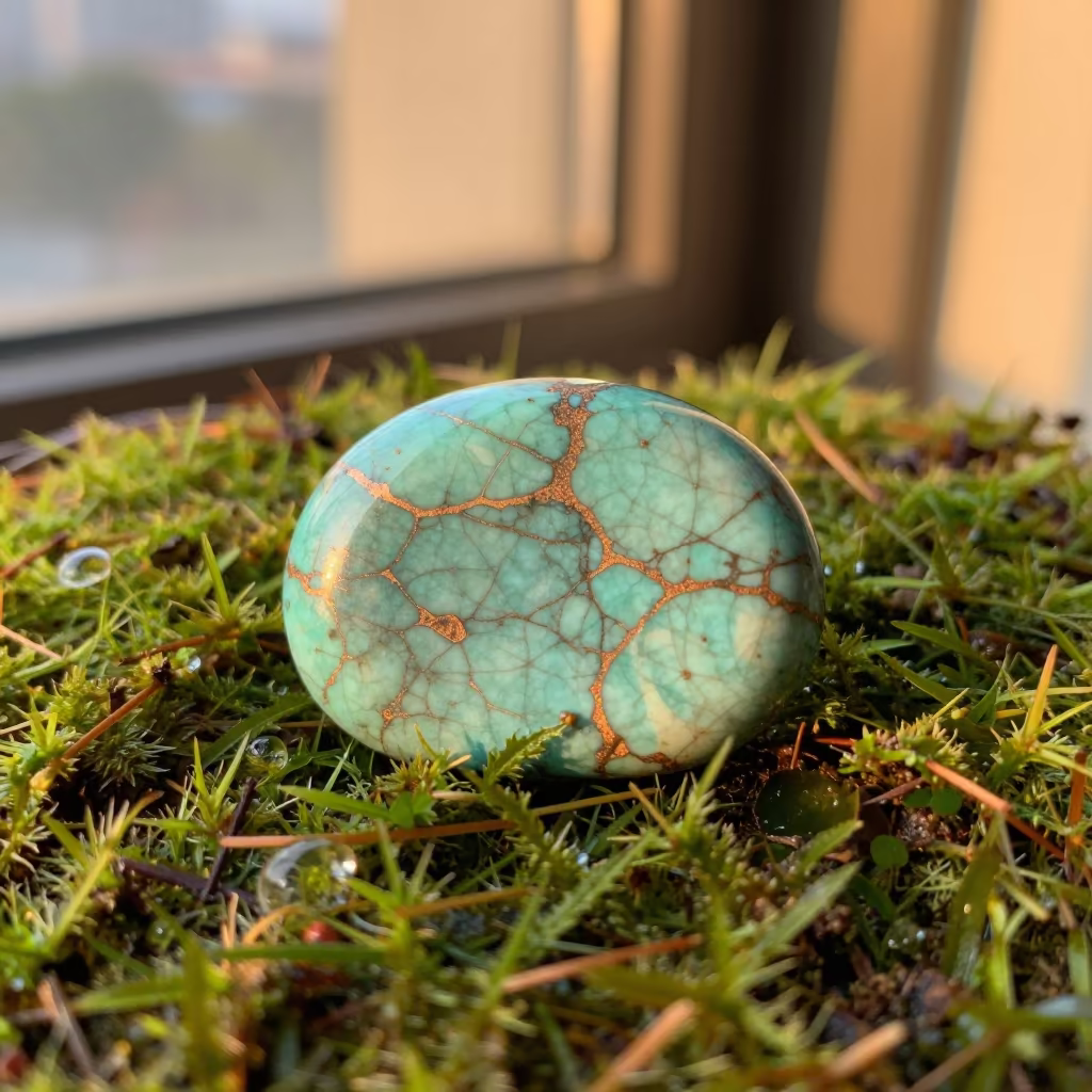 Turquoise Stone Copper Veins Moss Sunset Hiroshima in on dew-soaked moss in Hiroshima