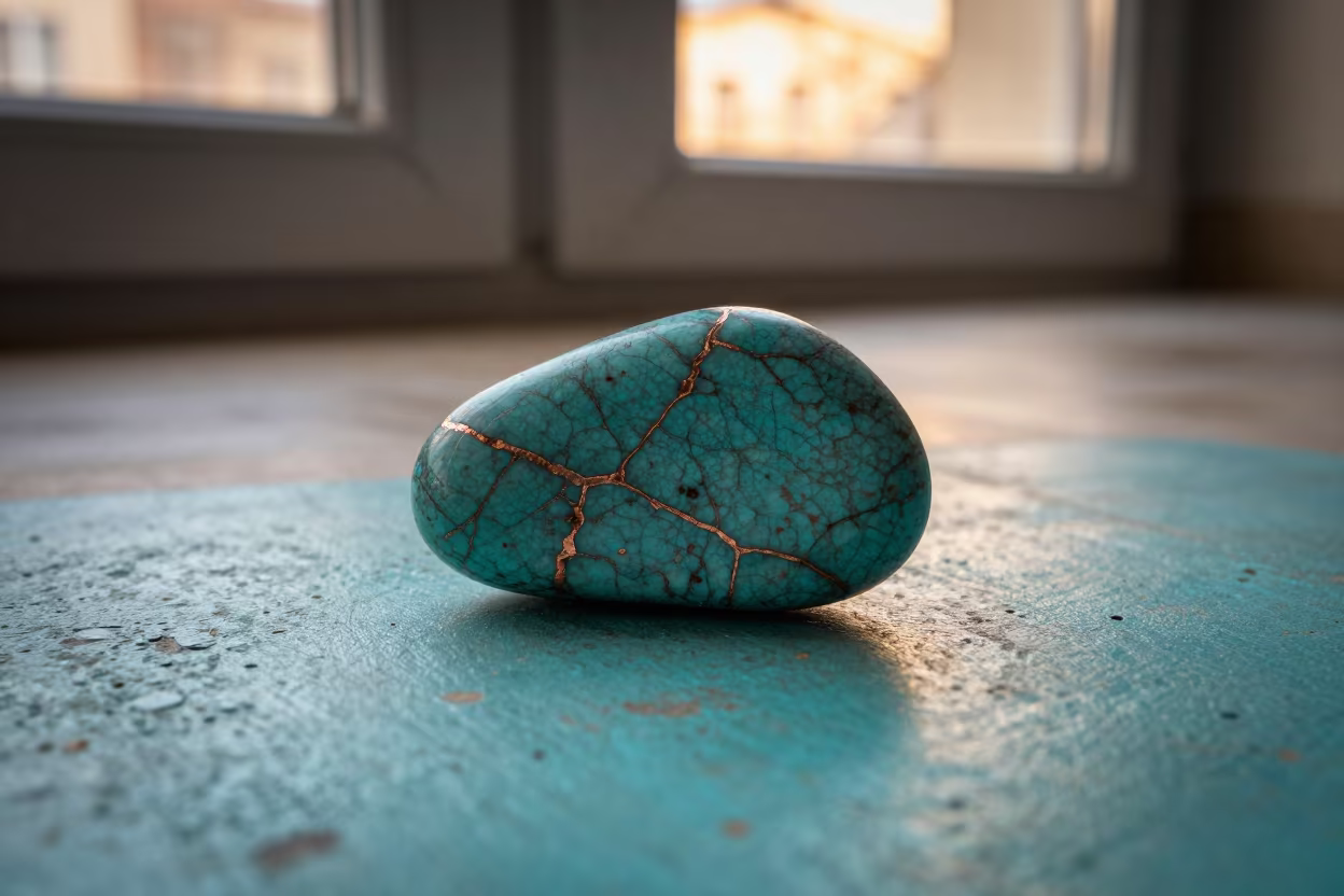 Turquoise Stone with Copper Veins in against weathered turquoise paint in Trabzon