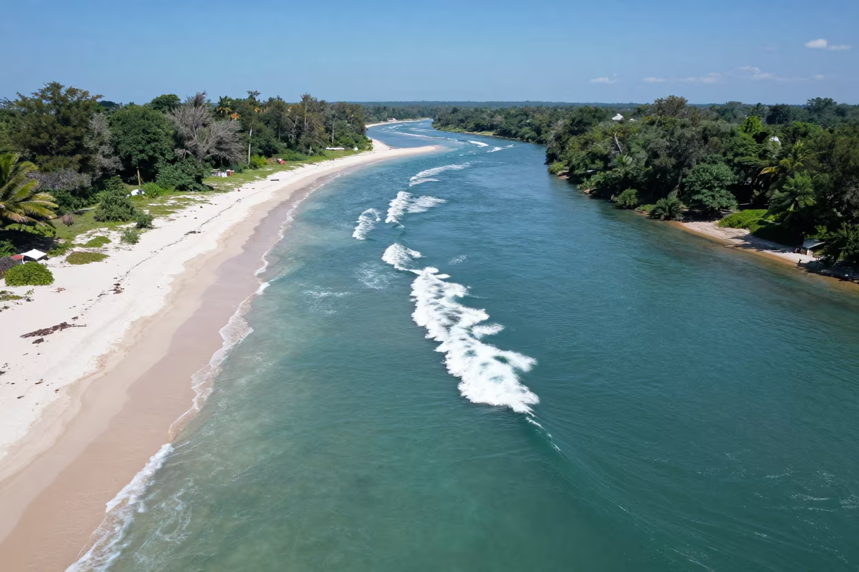 Turquoise Waves Breaking White Sand Aerial View in far above river meanders in Virginia