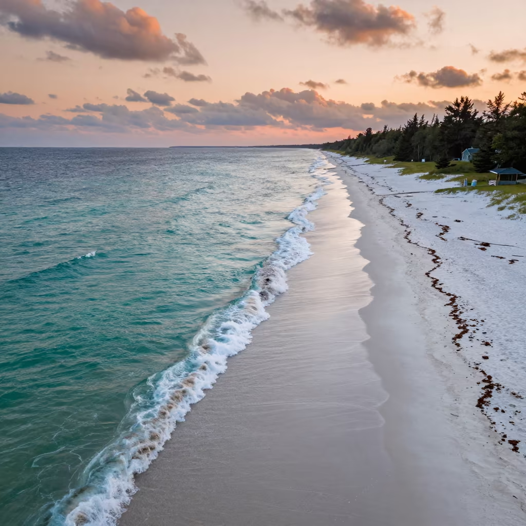 Turquoise Waves Breaking on White Sand New Hampshire in far above surf-scalloped coastline in New Hampshire