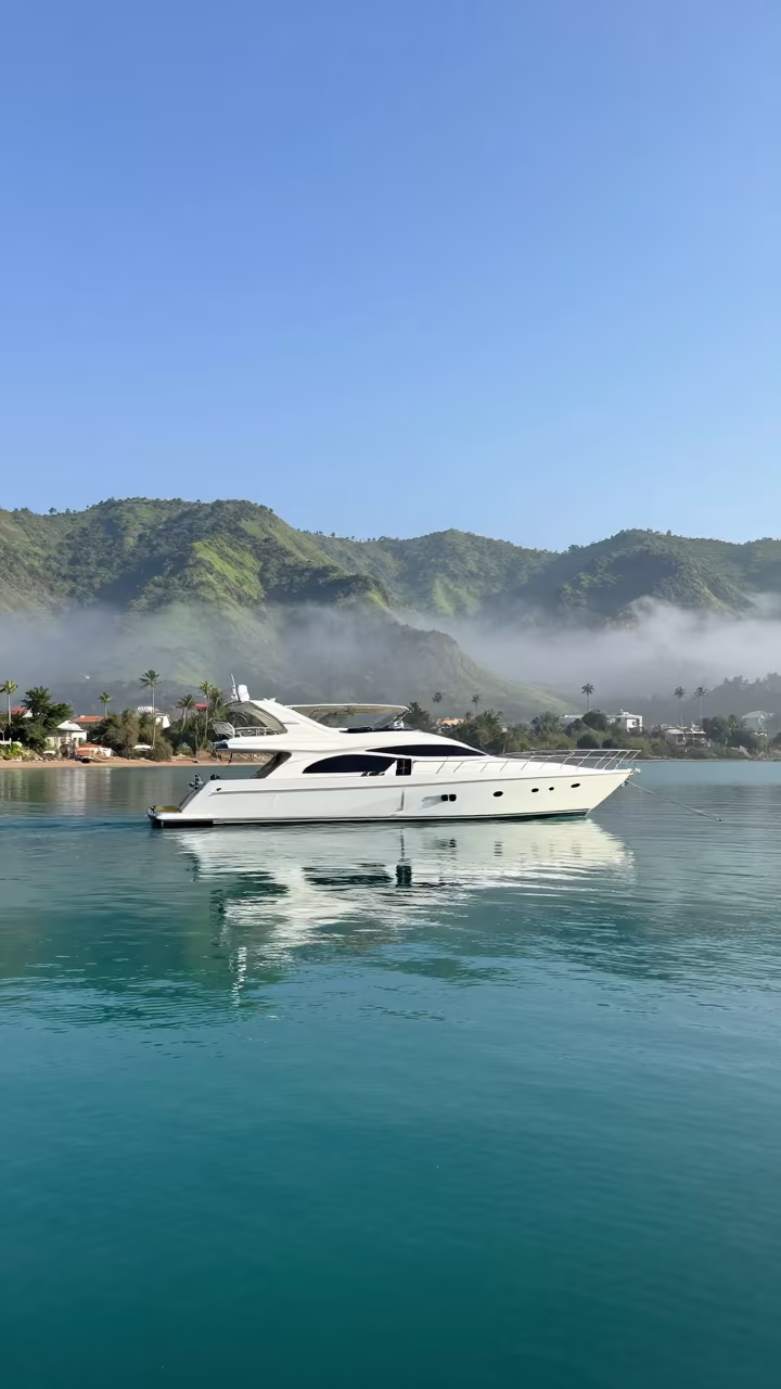 Turquoise Yacht Anchored in Foggy Nile Delta Bay in beside a fogbound harbor mouth in the Nile Delta