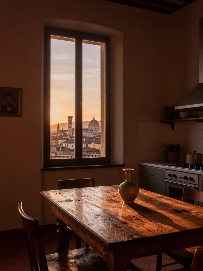 Tuscan Interior in Florence at Copper-toned Light Before Dusk in in Florence, Italy