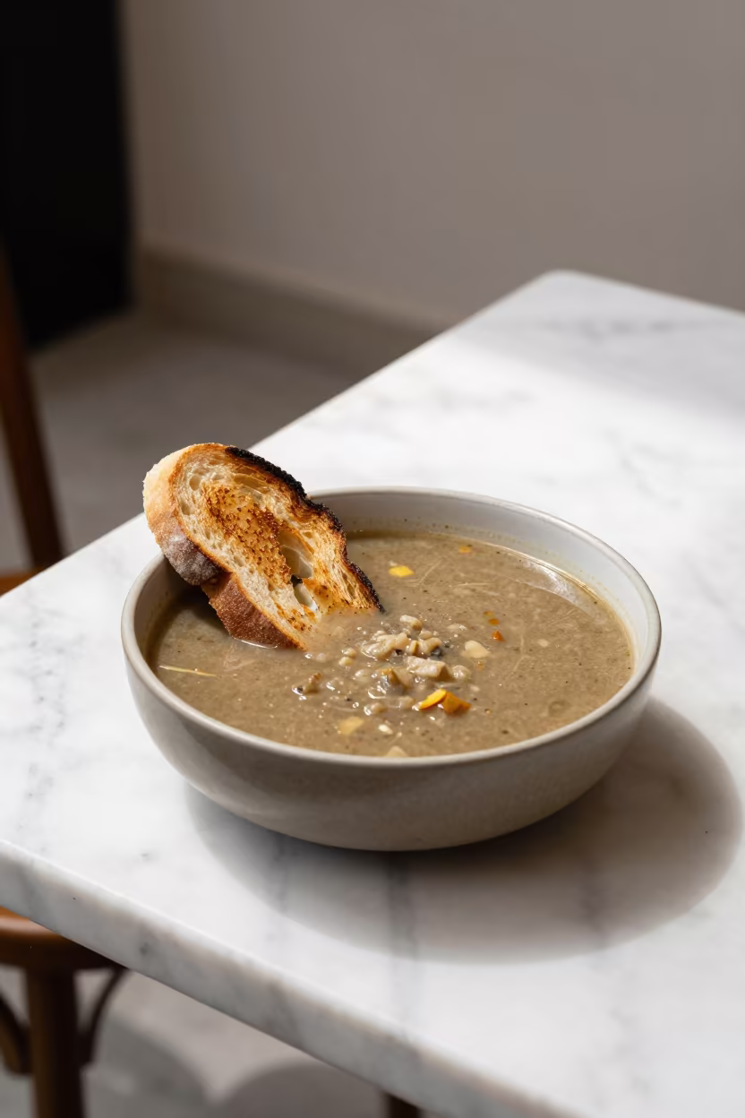 Tuscan Ribollita with Bread on Marble Table in on a marble cafe table in Opole