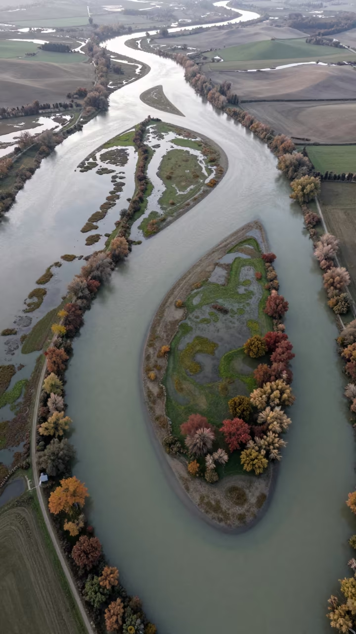 Tuscan River Islands Morning Light Aerial View in far above river meanders in Tuscany