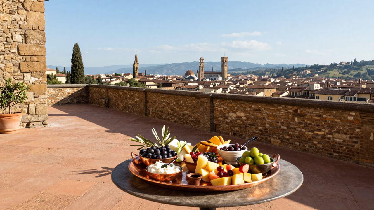 Tuscan Terrace Afternoon with Copper Tray Mezze and Figs in Florence Italy in in Florence, Italy
