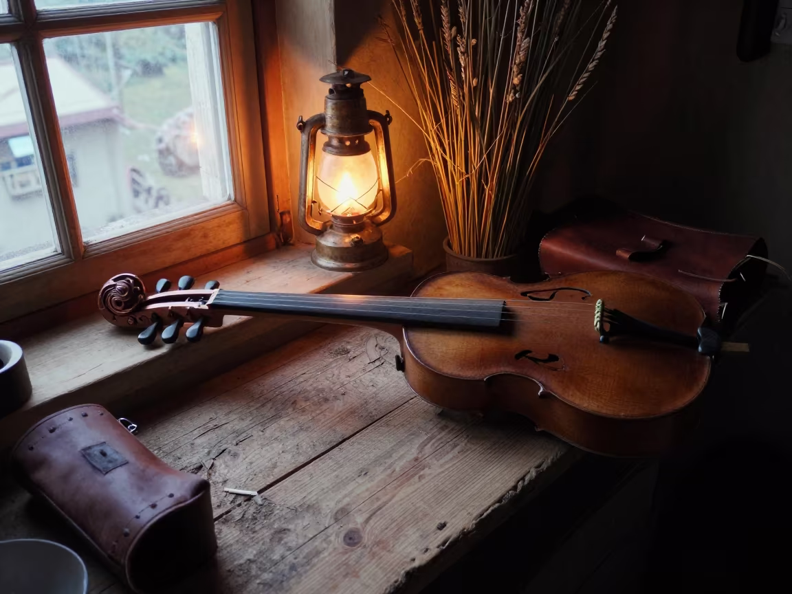 Tuvan Igil Fiddle on Workshop Shelf Near Manali in on a workshop shelf near Manali