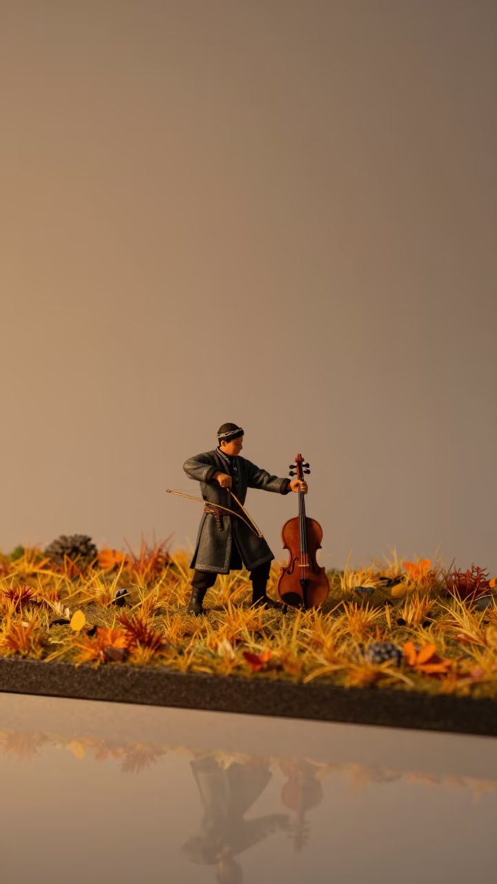 Tuvan Igil Player on Alpenglow Meadow Display in on a painted display ledge in Ason, Kathmandu