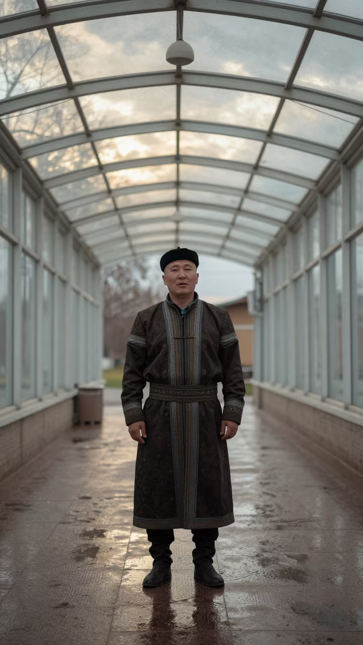 Tuvan Throat Singer Resonating in Glass Arcade in inside a glass-roofed arcade in Abiko