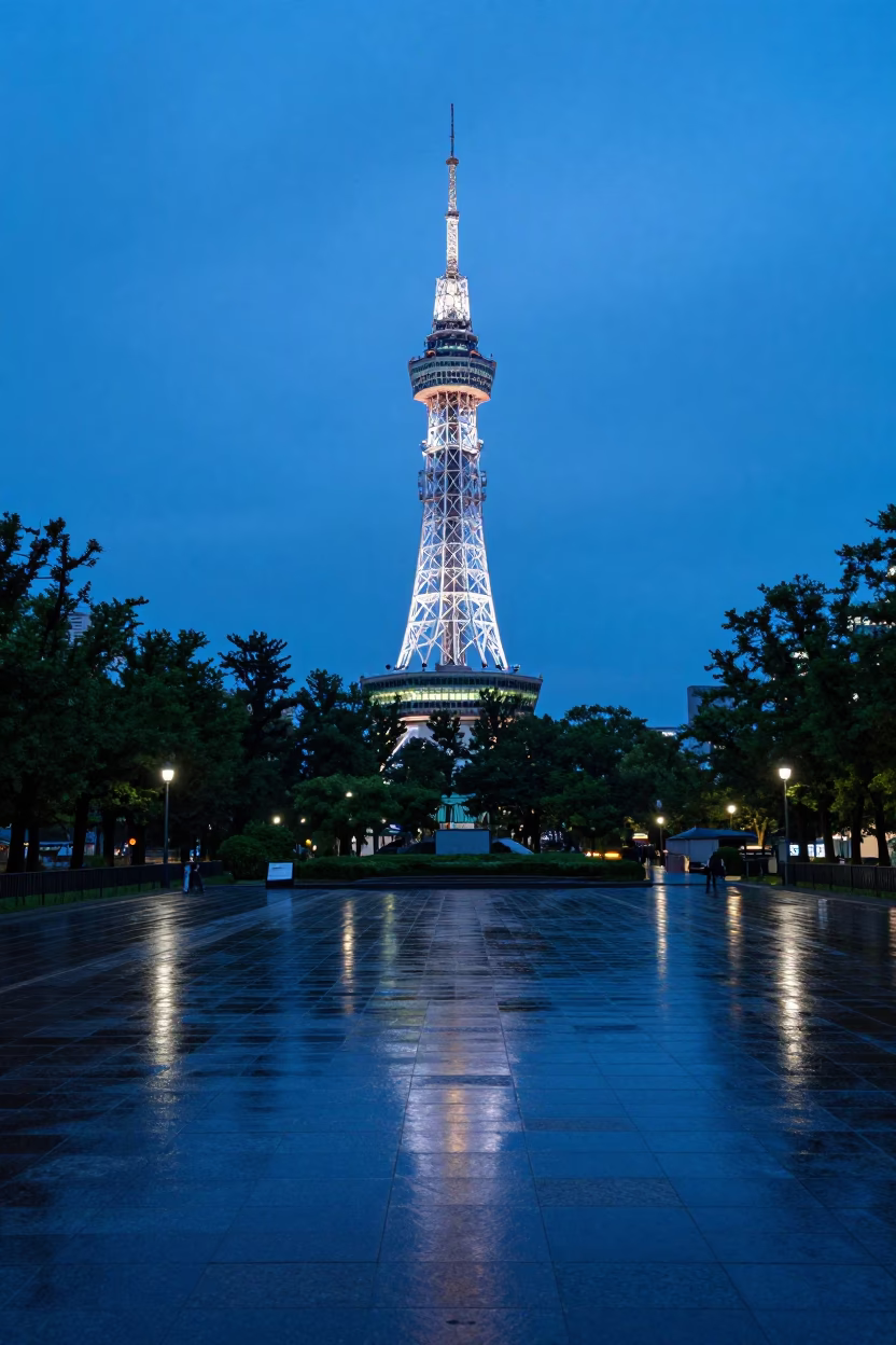 TV Tower And Odori Park Wet Flagstones in Sapporo in in Sapporo, Japan