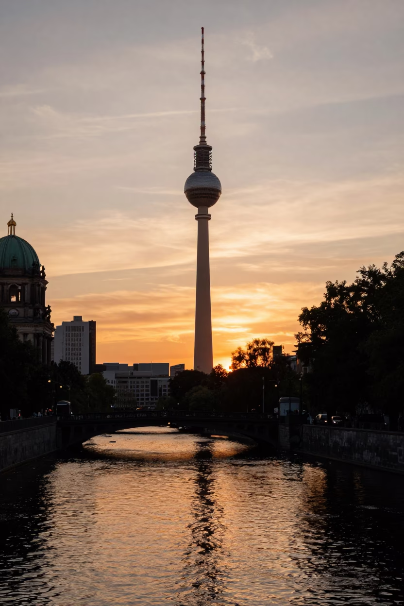 TV Tower And Spree River in Berlin at Sunset Light in in Berlin, Germany