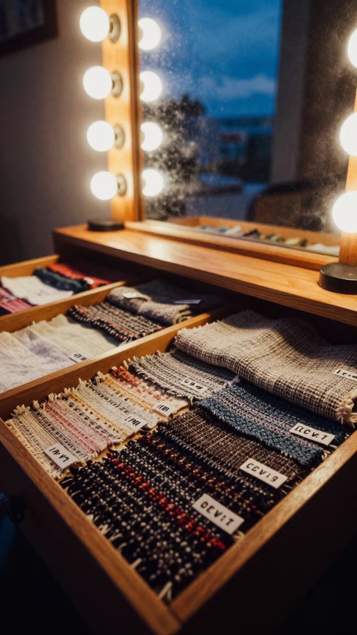 Tweed Swatch Drawer with Labeled Tabs in Twilight in beside a mirror lined with makeup bulbs near Mazatlan