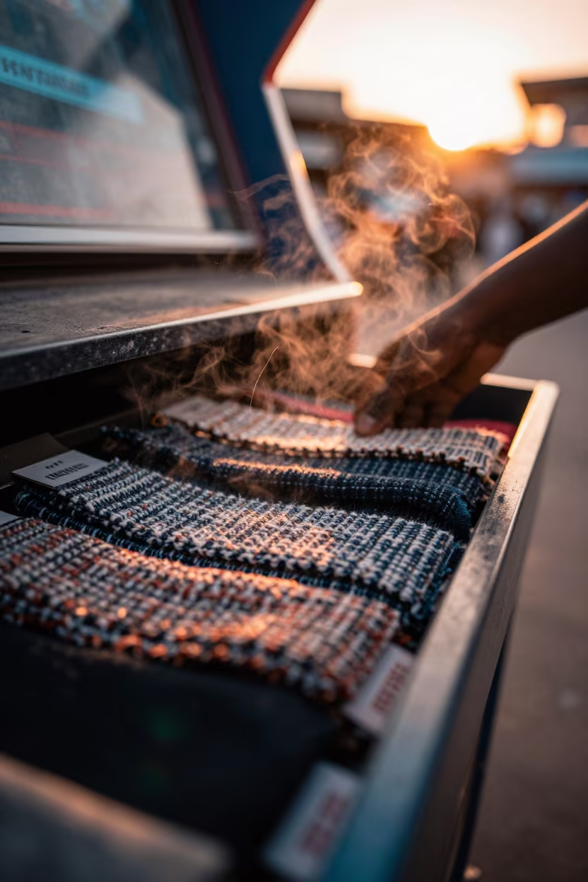 Tweed Swatch Drawer Neon Arcade Abeokuta in along a neon-lit arcade in Abeokuta