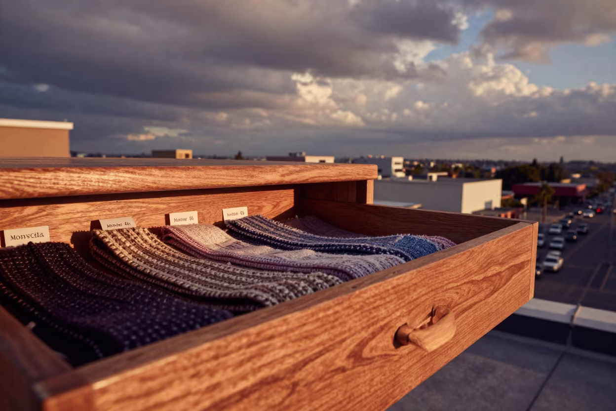 Tweed Swatch Drawer Rooftop Monrovia in on a rooftop above evening traffic in Monrovia