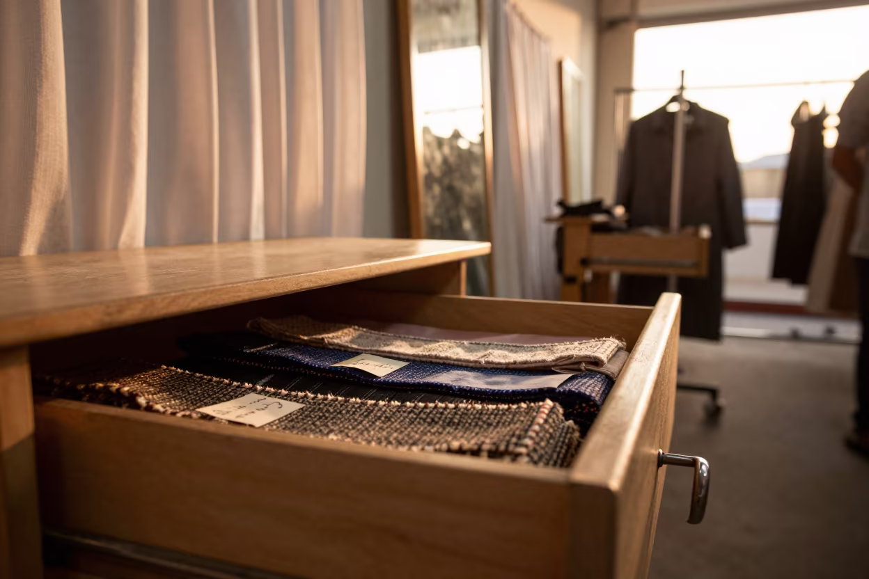 Tweed Swatch Drawer in Sangli Backstage in in a backstage changing corridor in Sangli