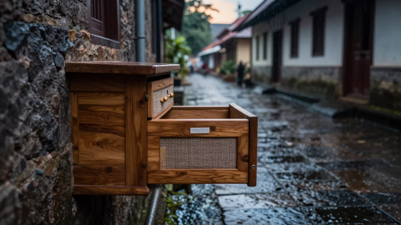 Tweed Swatch Drawer in Hassan Stone Lane in in a stone lane between old facades in Hassan