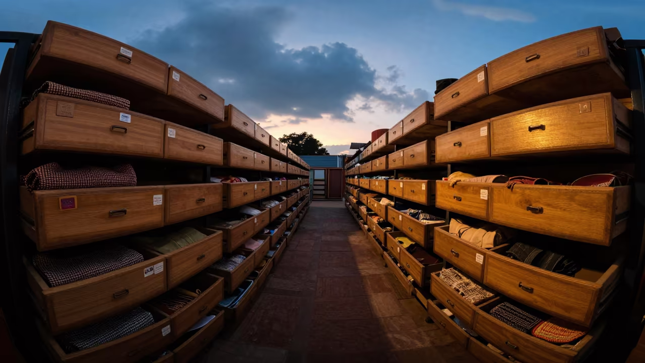 Tweed Swatches in Indigo Twilight Backstage in in a backstage changing corridor in Rajshahi