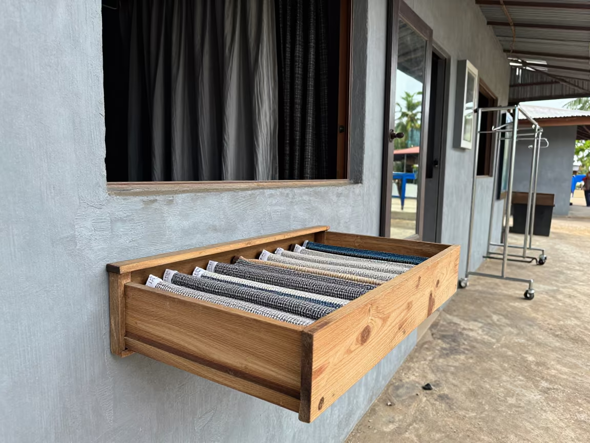 Tweed Swatch Drawer on Kaduna Harbor Wall in against a wind-beaten harbor wall near Kaduna