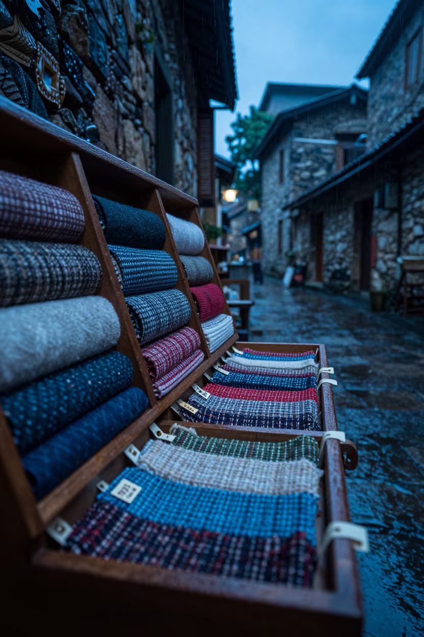 Tweed Swatches in Nanning Evening Drizzle in in a stone lane between old facades in Nanning