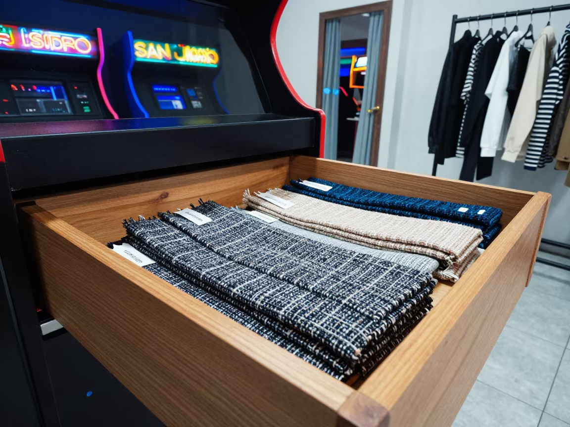 Tweed Textile Swatch Drawer with Hand-Labeled Tabs in along a neon-lit arcade in San Isidro, Lima