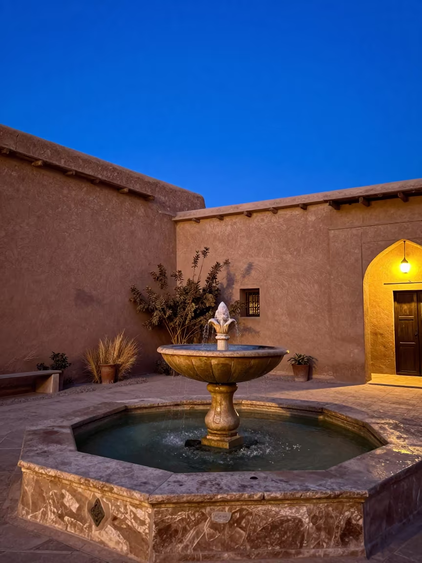 Twilight Adobe Hacienda Courtyard Fountain Egypt in in Egypt