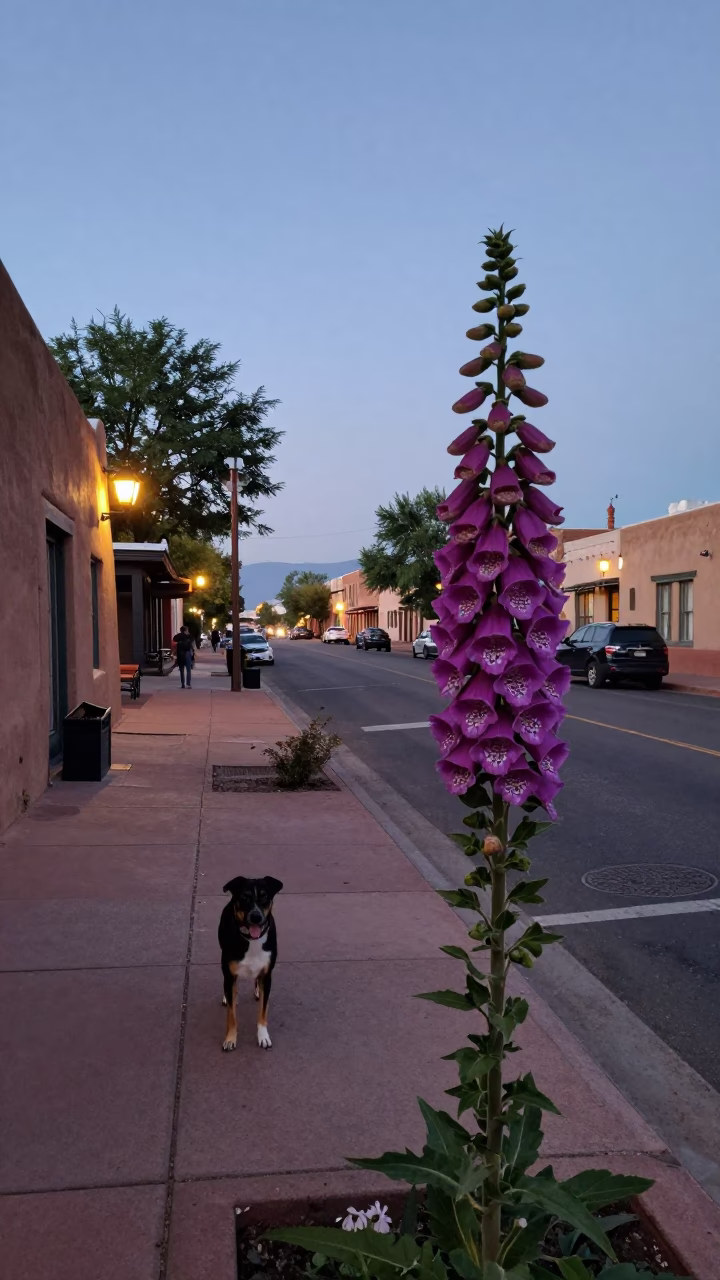 Twilight Adobe Street Scene in Santa Fe New Mexico with Foxglove and Dog in in Santa Fe, New Mexico, United States