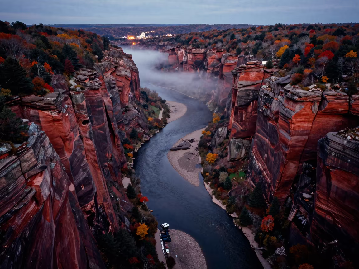 Twilight Aerial View of Massachusetts River Gorge in high above braided river channels in Massachusetts