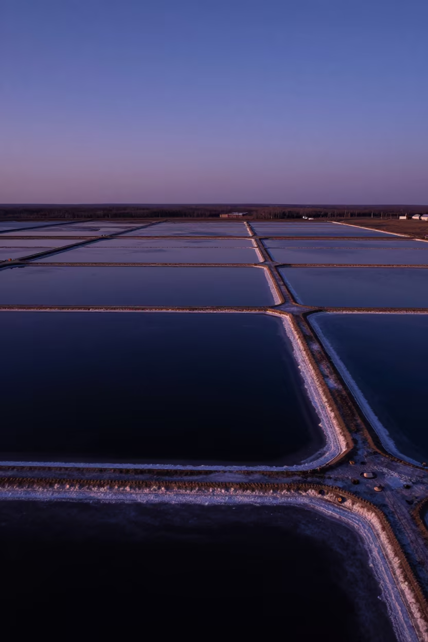 Twilight Aerial Salt Ponds Russian Far East in high over salt ponds and causeways in the Russian Far East