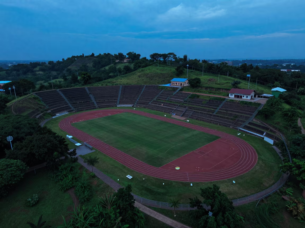Twilight Aerial View of Sports Complex on Terraced Hills in far above terraced hillsides near Kabwe