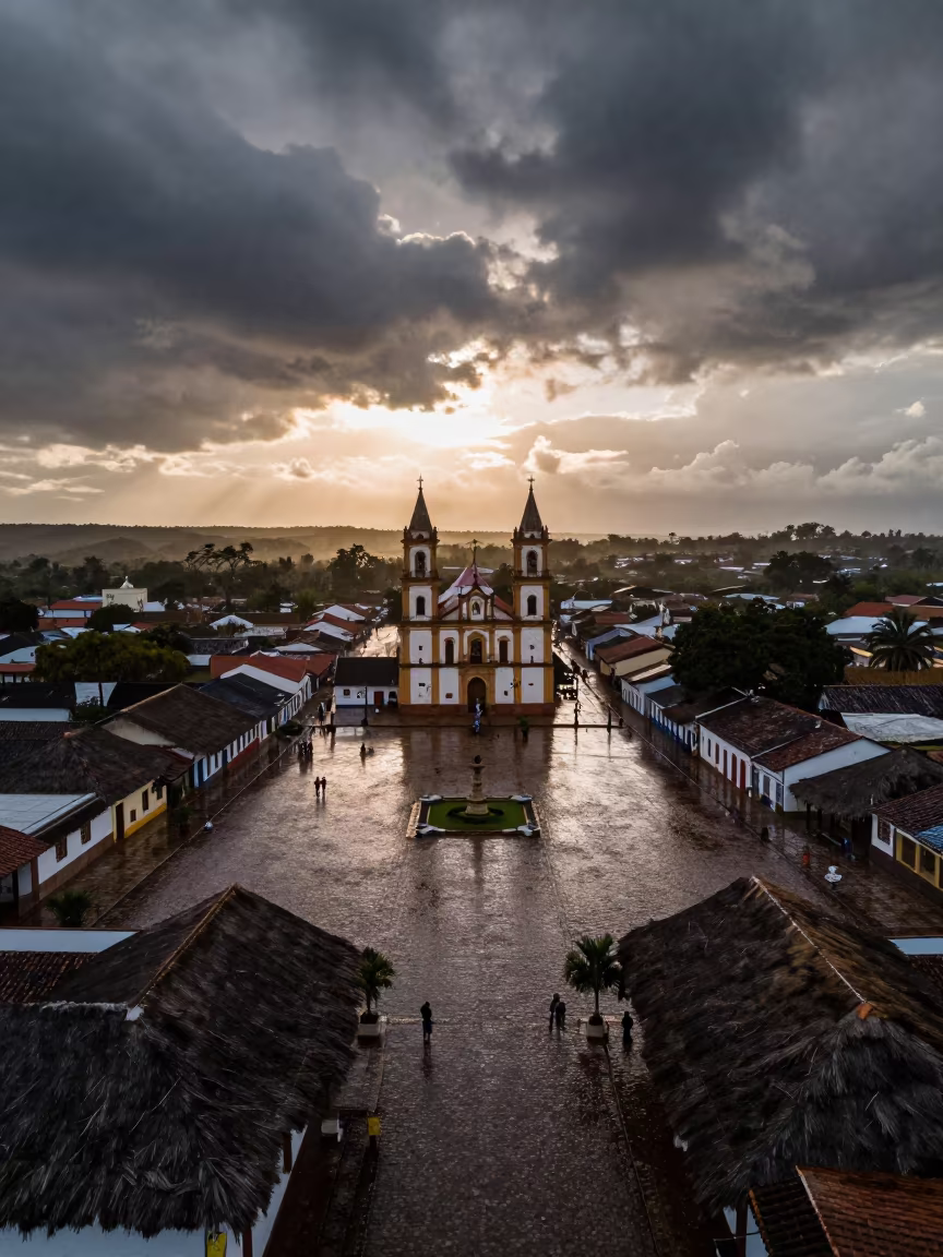 Twilight Aerial View of Medieval Town Square in Paraguay in in Paraguay