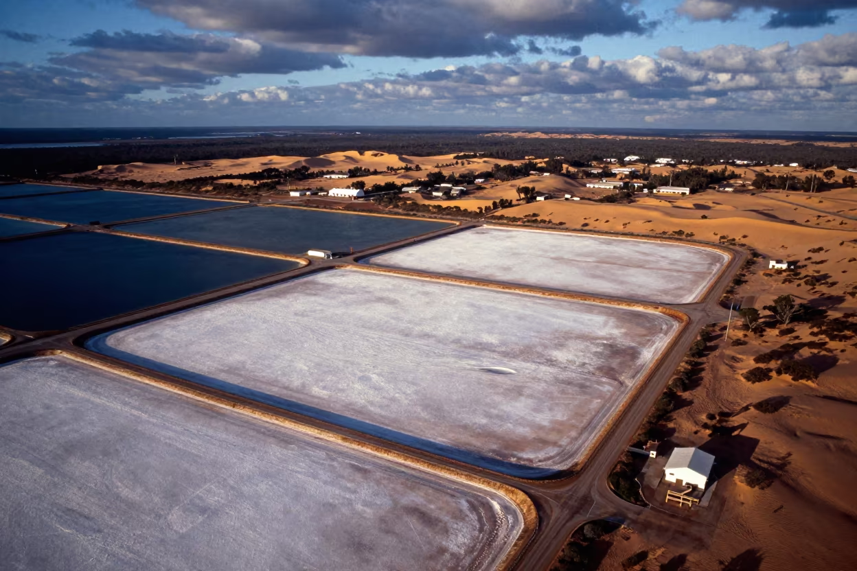 Twilight Aerial View of Salt Ponds and Dunes in high over salt ponds and causeways in Western Australia