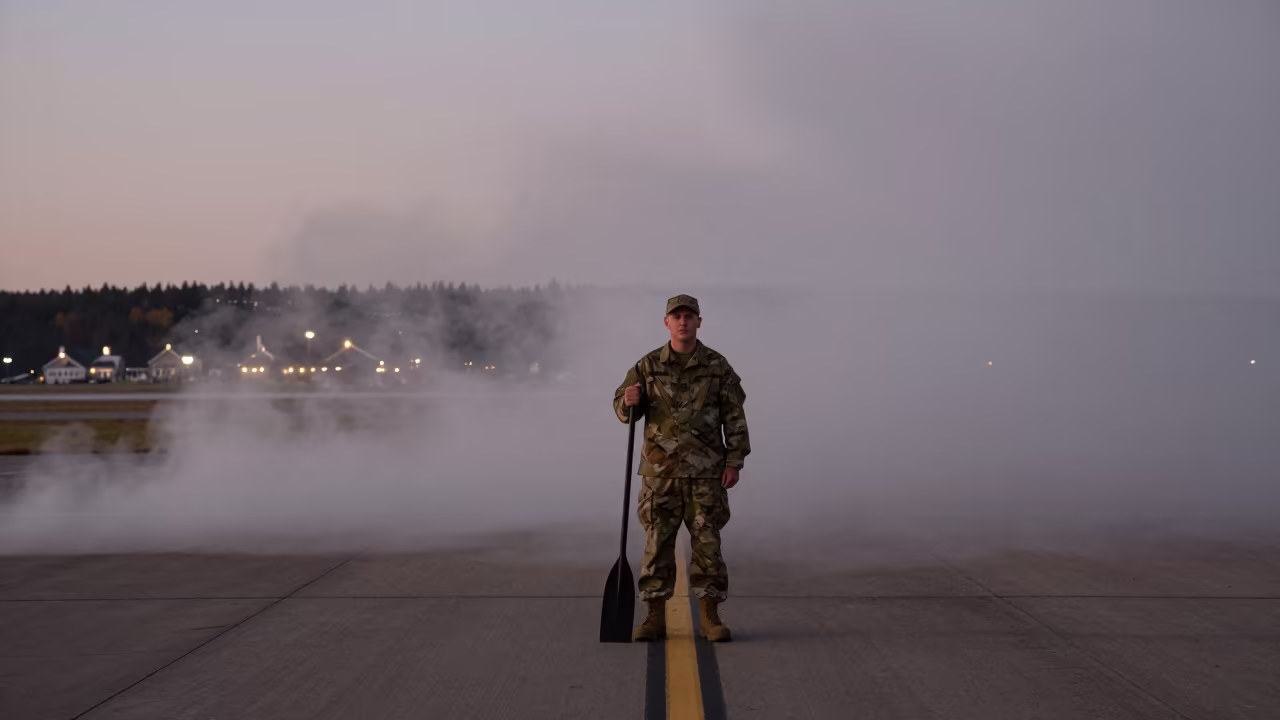 Twilight Airbase Stand With Downward Falling Smoke in along an airbase flight line in New Brunswick