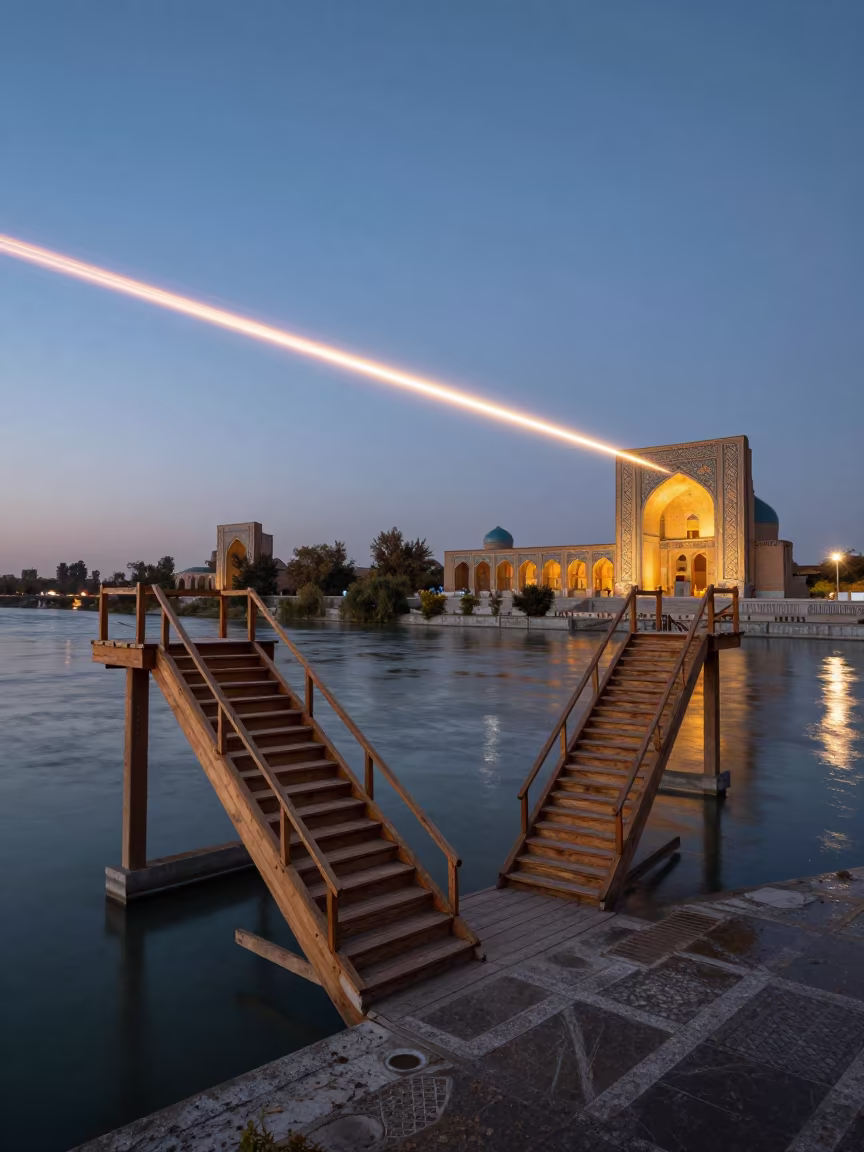 Twilight Airplane Trail Over Registan Ferry Staircase in across a remote ferry crossing near Registan, Samarkand
