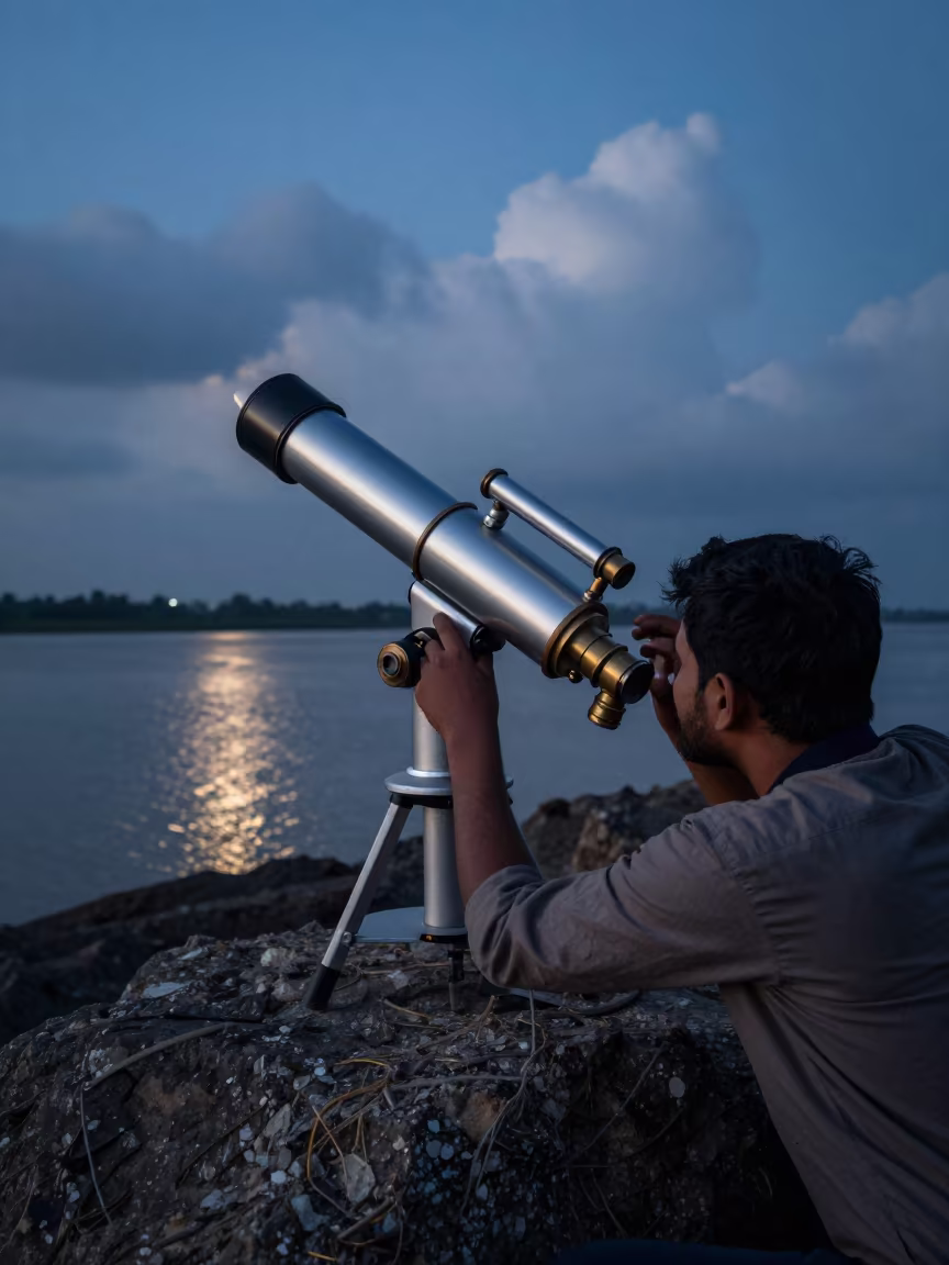 Twilight Alignment of Telescope on Satkhira Outcrop in along a rocky geology outcrop in Satkhira