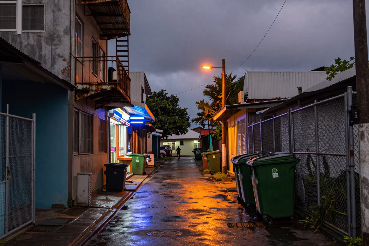 Twilight Alley Victoria Seychelles Damp Pavement in outside a fluorescent convenience store in Victoria Seychelles