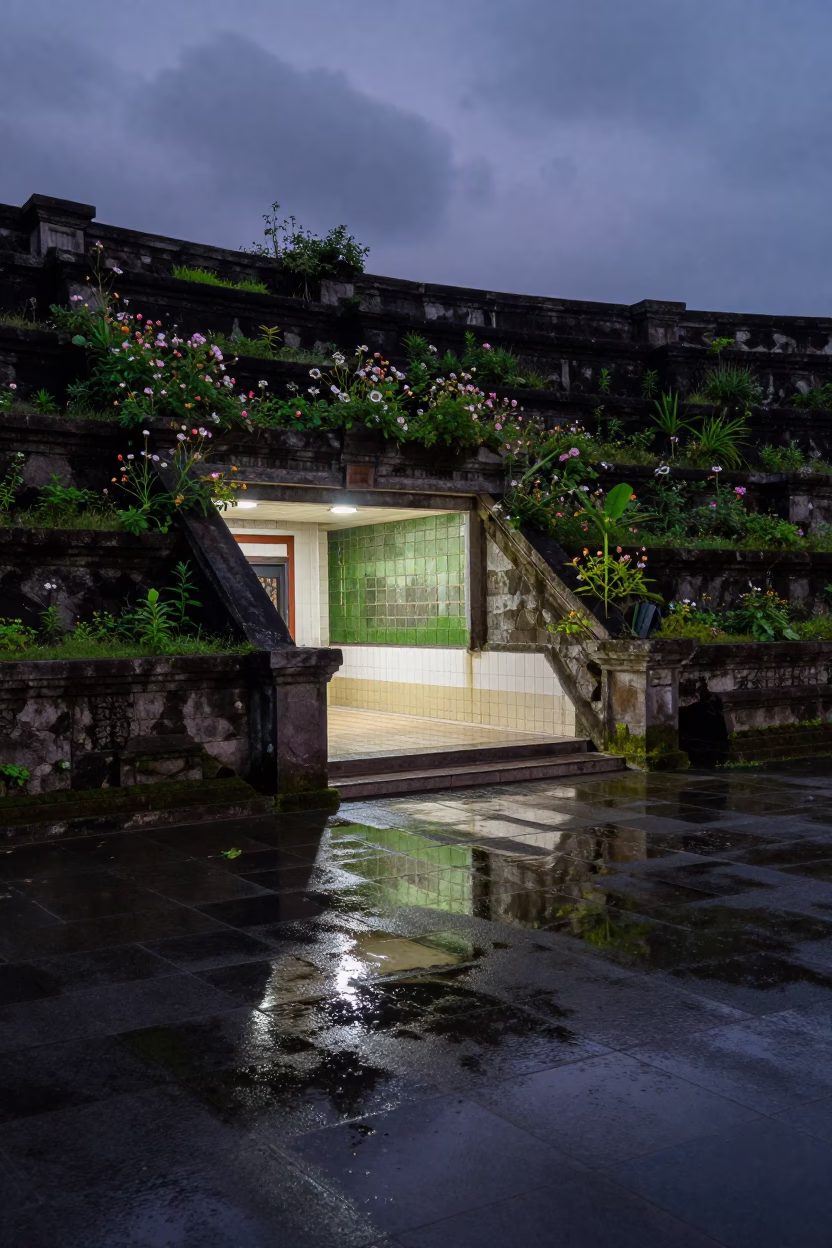 Twilight Amphitheater Overgrown with Wildflowers in inside a tiled stair hall near Yogyakarta
