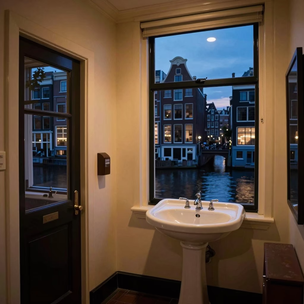 Twilight Amsterdam Canal House Interior with Ceramic Wash Basin and Glass Jar in in Amsterdam, Netherlands