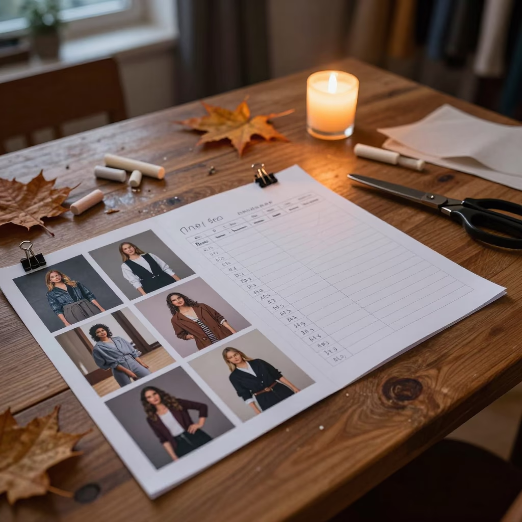 Twilight Atelier Contact Sheet and Cutting Schedule in at a tailoring table strewn with chalk and shears in Malmo