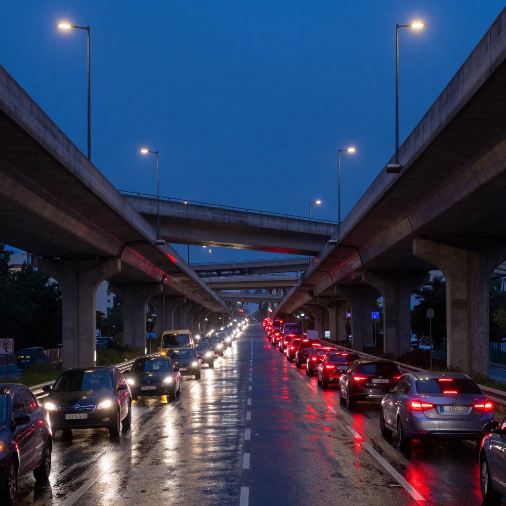 Twilight Athens Overpass Interchange Glowing with Taillights After Rain in Greece in in Athens, Greece