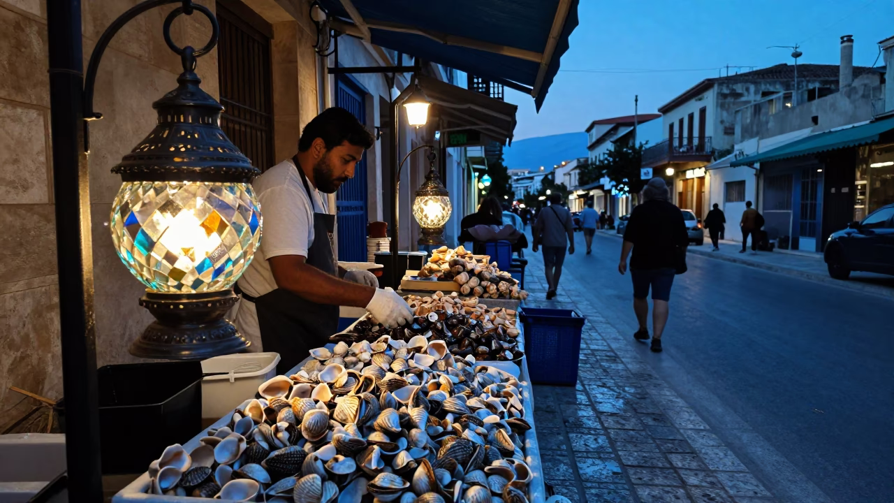 Twilight Athens Street Scene with Faceted Glass Light Reflections on Historic Stone in in Athens, Greece