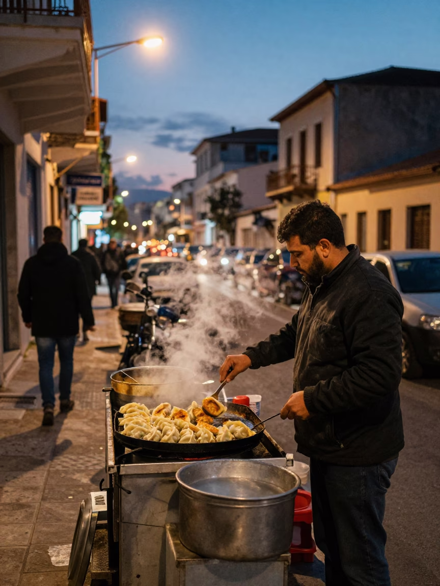Twilight Athens Street Scene with Frying Food Vendor and Stone Architecture in in Athens, Greece