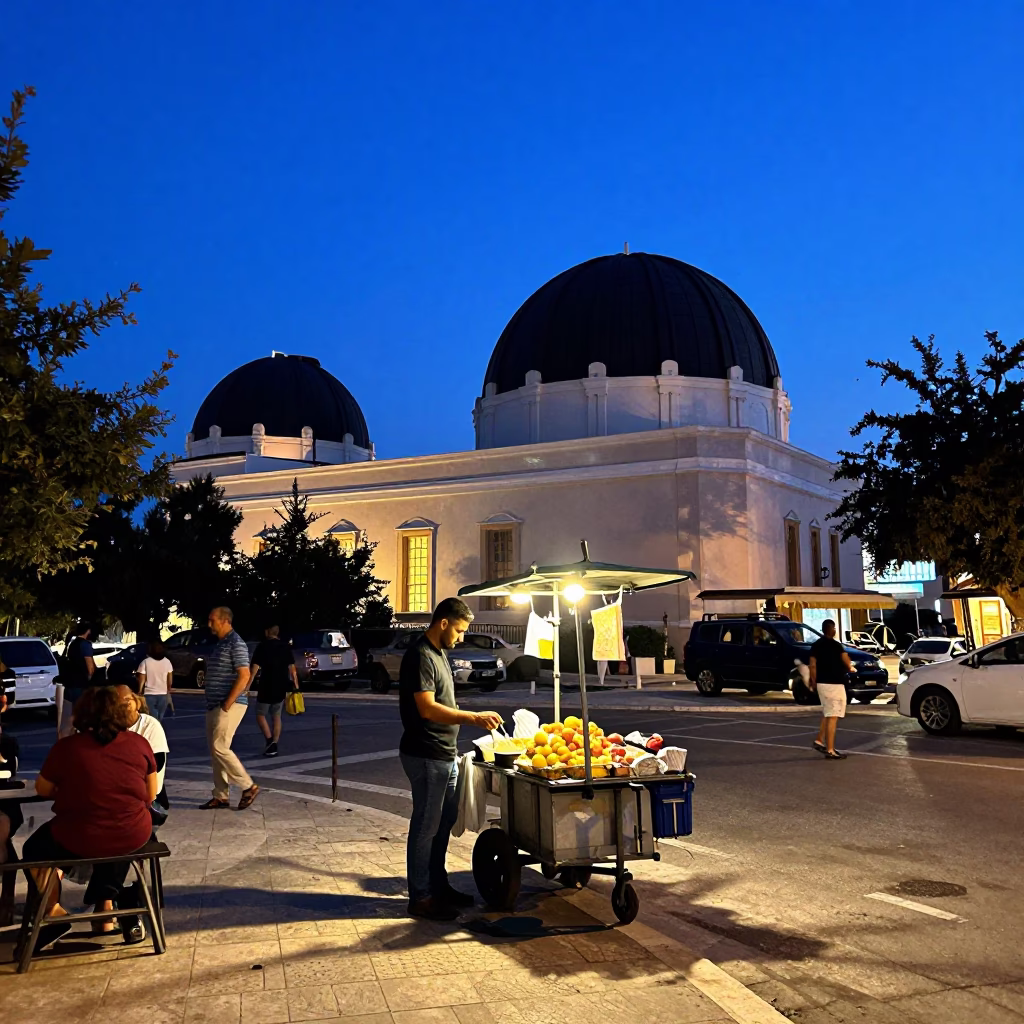 Twilight Athens Street Scene with Observatory Dome and Local Street Food Vendor in in Athens, Greece