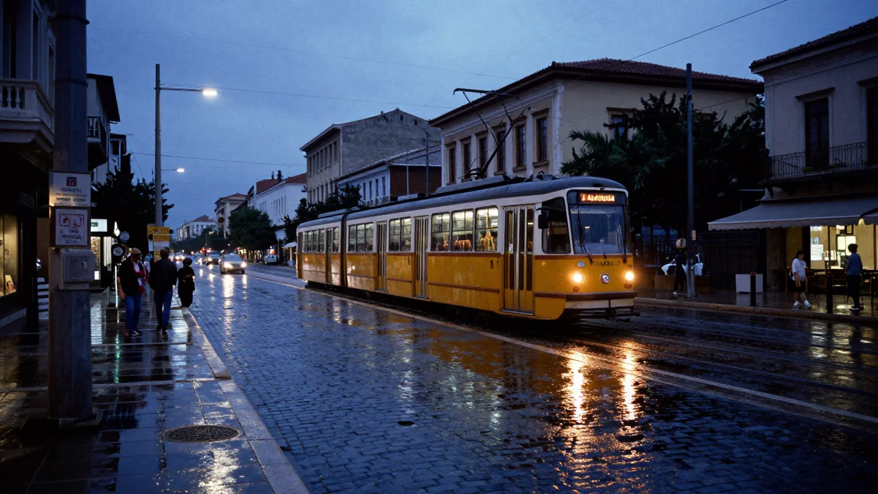Twilight Athens Street Scene with Tram Reflection on Wet Cobblestones in in Athens, Greece