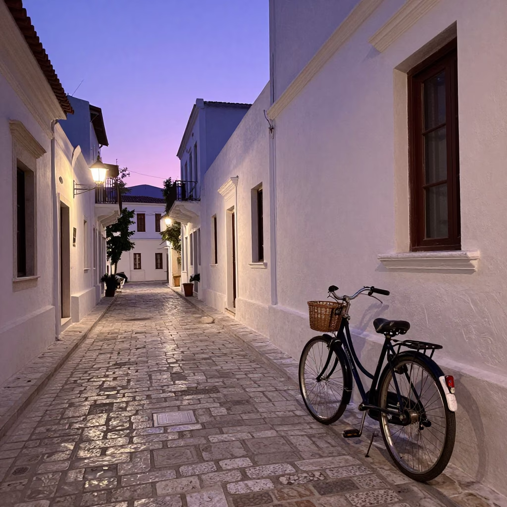 Twilight Athens Street Scene with Vintage Bicycle and Glass Carafe Near Monastiraki in in Athens, Greece