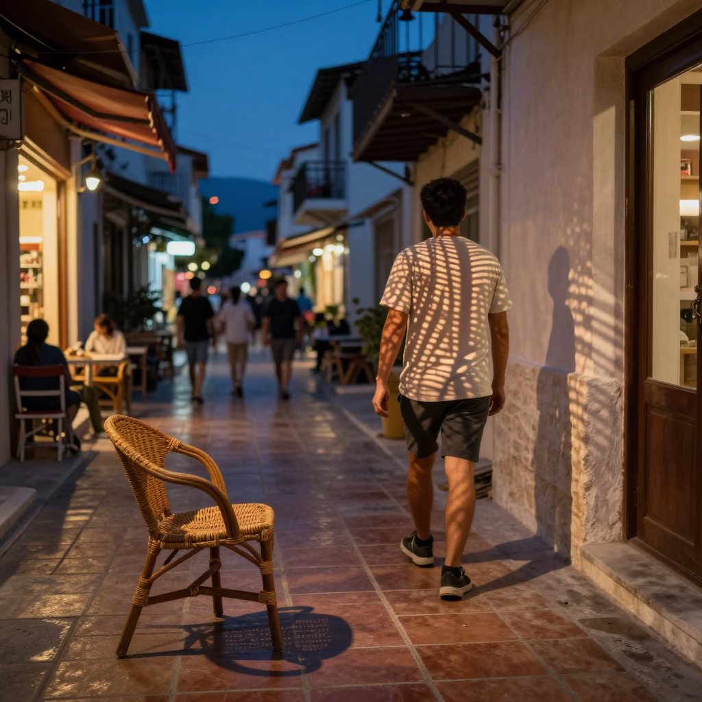 Twilight Athens Street Scene with Wicker Shadow on Runner and Window Light on Tile in in Athens, Greece