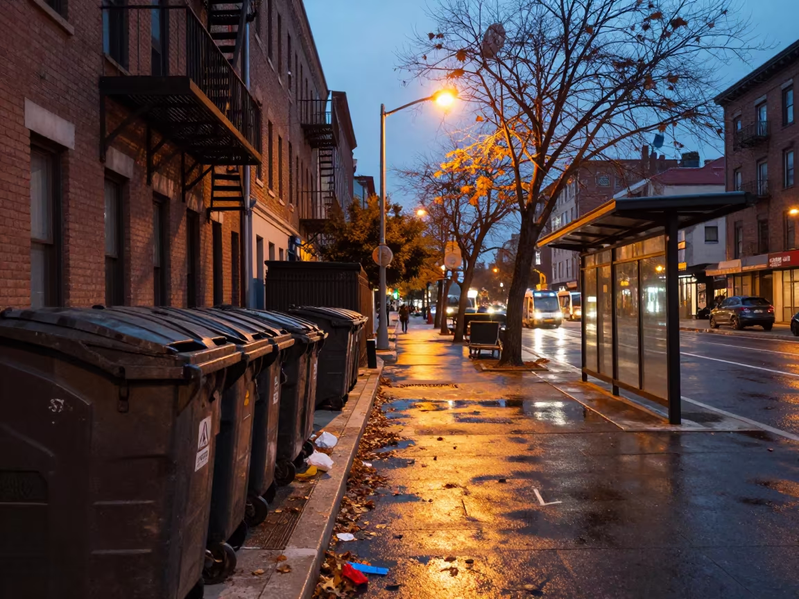 Twilight Alley Athens Tram Stop Dumpsters in at a tram stop in Athens