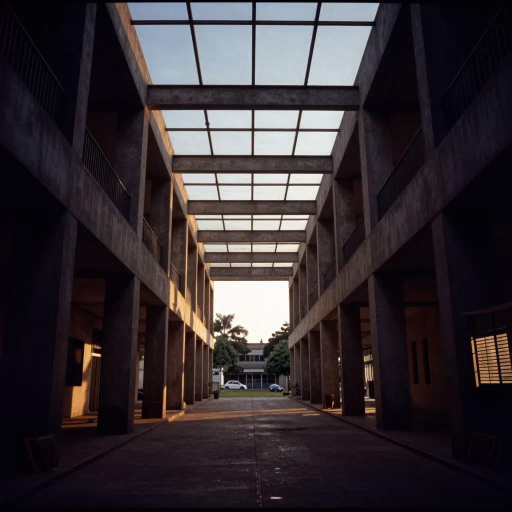 Twilight Atrium Kinshasa Skylit Passageway Shadows in inside a skylit passageway in Kinshasa