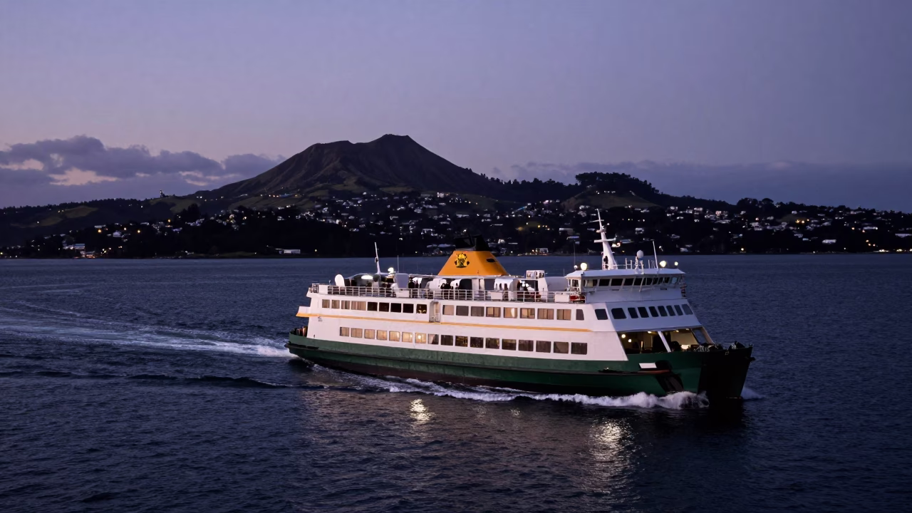 Twilight Auckland Harbor Ferry Departure with Mountain Backdrop and Bridge Piers in in Auckland, New Zealand